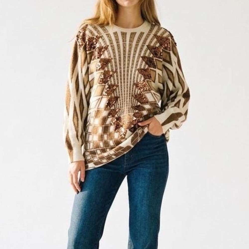 Vivien Forest Vintage 80s Lambswool Angora Sequin Geometric Dolman Sweater M